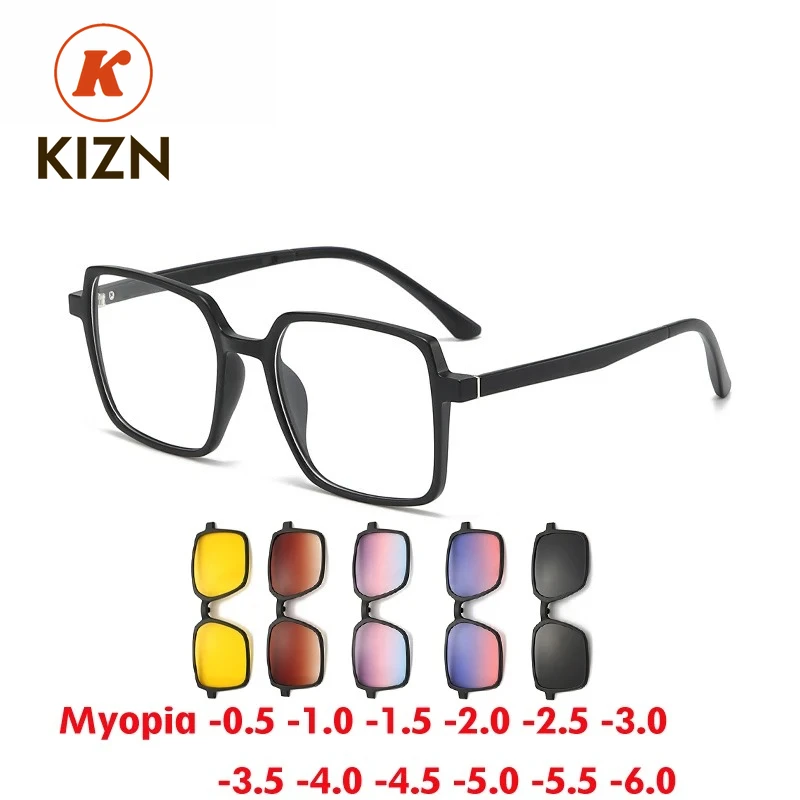 

KIZN Sports 6 в 1 солнцезащитные очки для близорукости, оправа с магнитным зажимом, квадратные женские очки, модные трендовые поляризационные очки настраиваемые -0,5