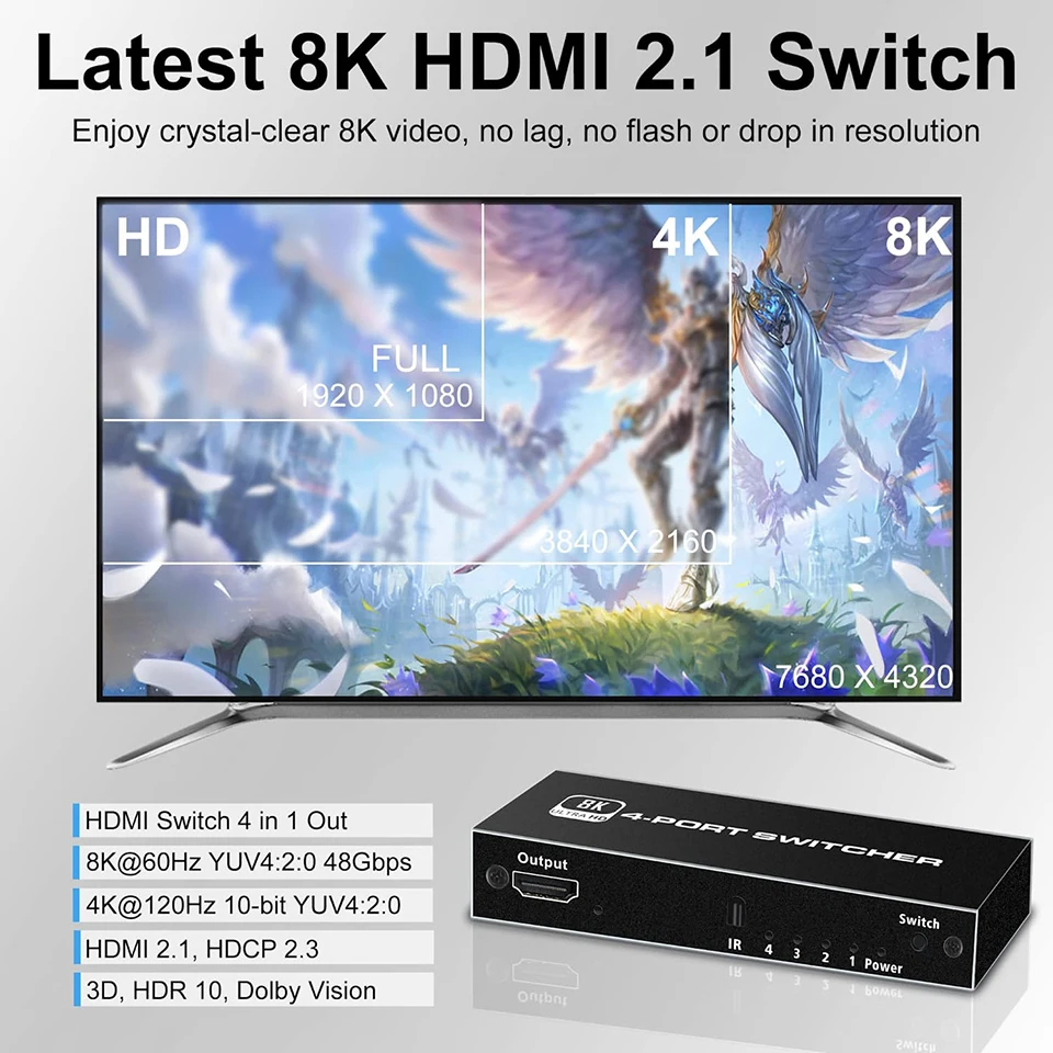 8K HDMI 2.1 Switcher Selector 4 in 1out  4K 120Hz HD Switch HDMI Splitter 4 In 1 Out 3 In 1 Out for laptop PC Switch TV Box PS5