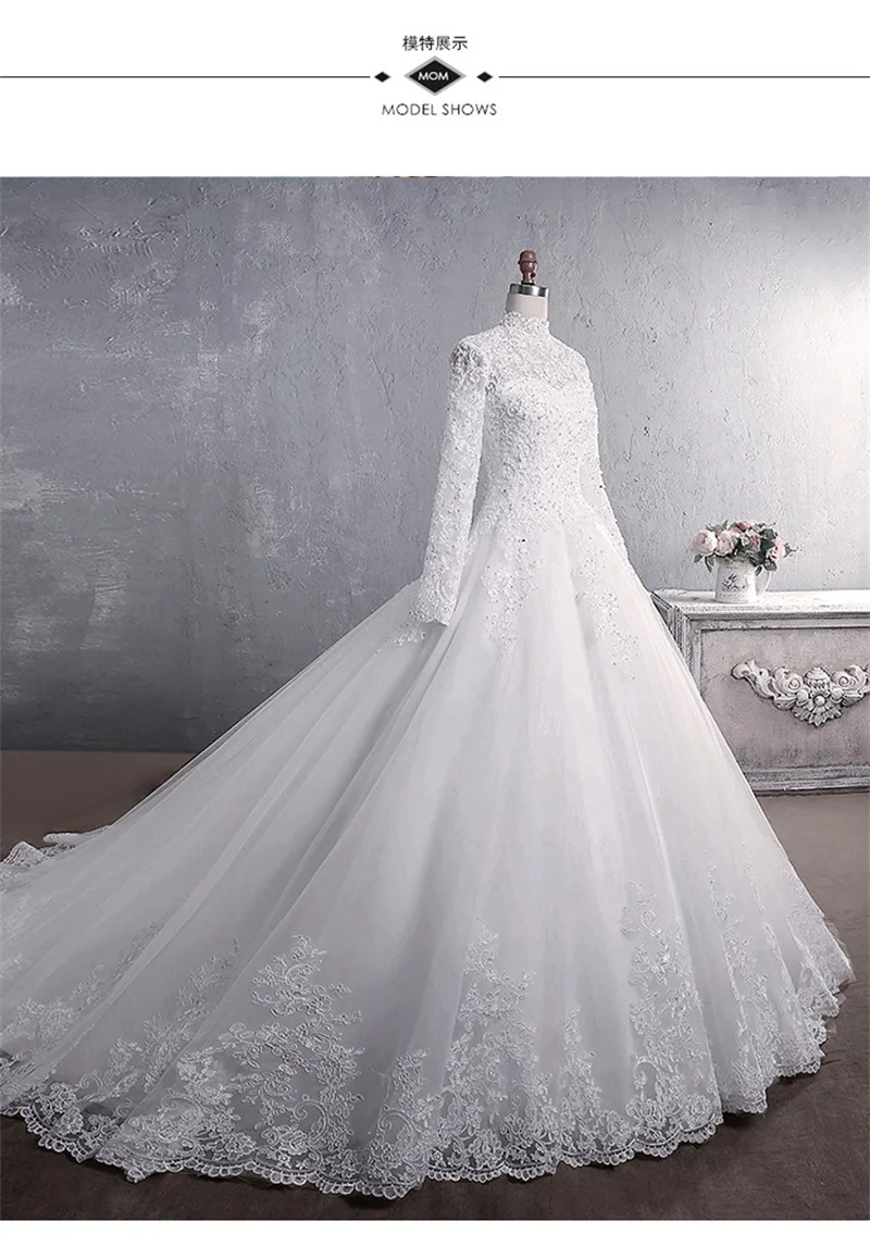 Luxuriöses A-Linien-Hochzeitskleid für Damen, Stehkragen, volle Ärmel, applizierte Spitze, Perlen, Brautkleid, formelle Geburtstags-Robe auf dem roten Teppich