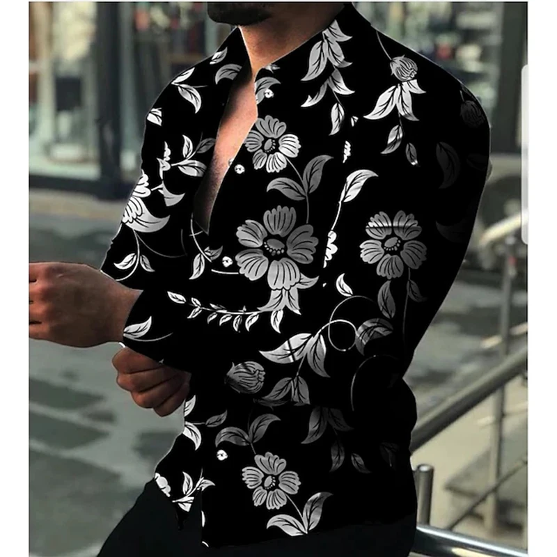 Y2k Hawaii New Men Skull Long Sleeve Shirts Tops Social Print Fashion Luxury Floral Clothing Casual Plus Size Tees Streetwear