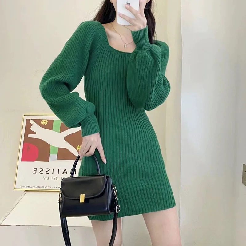 Maglione basic femminile tinta unita Abito coreano lavorato a maglia con colletto quadrato per mini abiti aderenti con maniche a sbuffo alla moda da donna