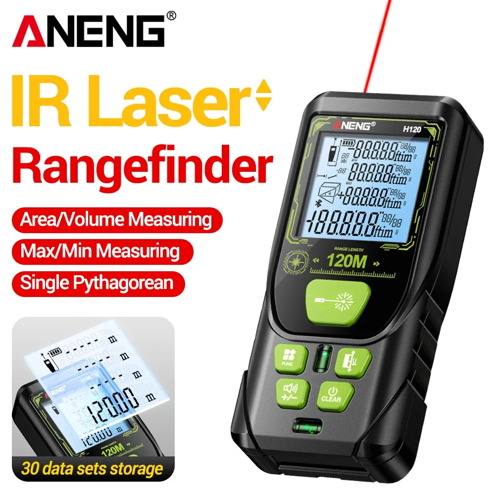 ANENG H120 Laser Rangefinder 120m ±3mm High Precision Area Volume Dual Spirit Level LCD Backlight Construction Measuring Tool