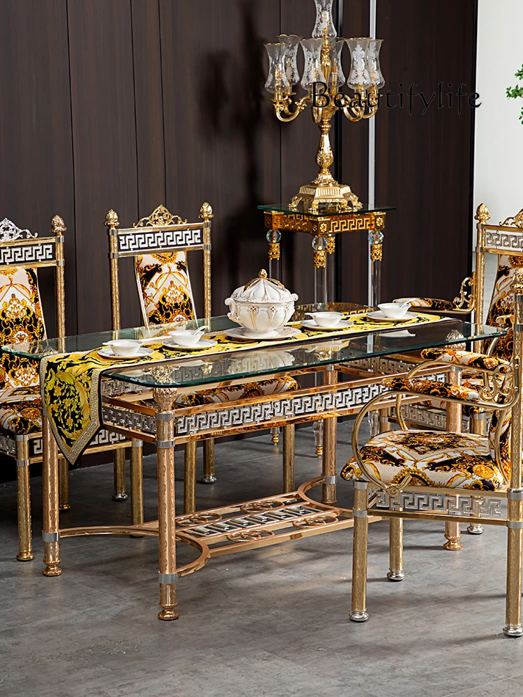 

European light luxury dining table luxury dining table metal carved glass rectangular banquet table and chairs
