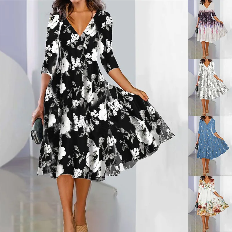Women Dresses 2026 New spring autumn knitted loose digital positioning printed V-neck mid calf dress women's clothing vestidoes
