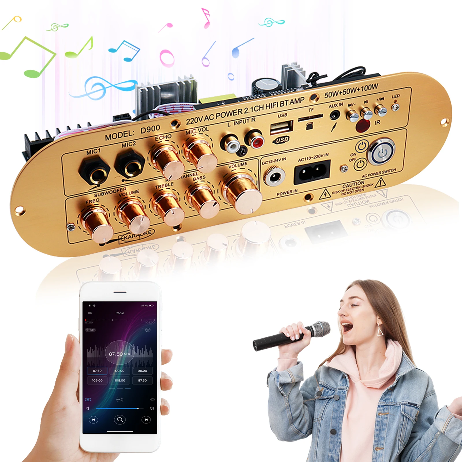 Audio Amplifier Board 2.1 Channel Subwoofer Amplifier Support AUX/USB/FM/TF Card/MIC Power Amplifier Board for Home Karaoke
