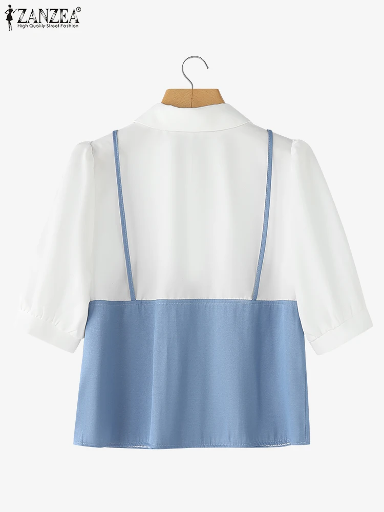 ZANZEA المرقعة قمصان دنيم المرأة بلوزات الصيف فضفاضة غير رسمية 2025 موضة وهمية 2 قطعة Blusas الإناث بدوره إلى أسفل طوق تونك