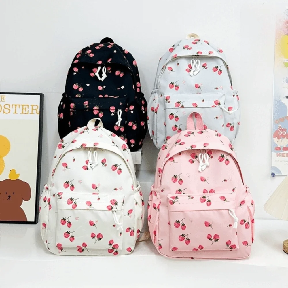 Oxford Cloth Strawberry Backpack Large Capacity Adjustable Laptop Backpack with Lunch Bag & Pencil Case Preppy Style School Bag