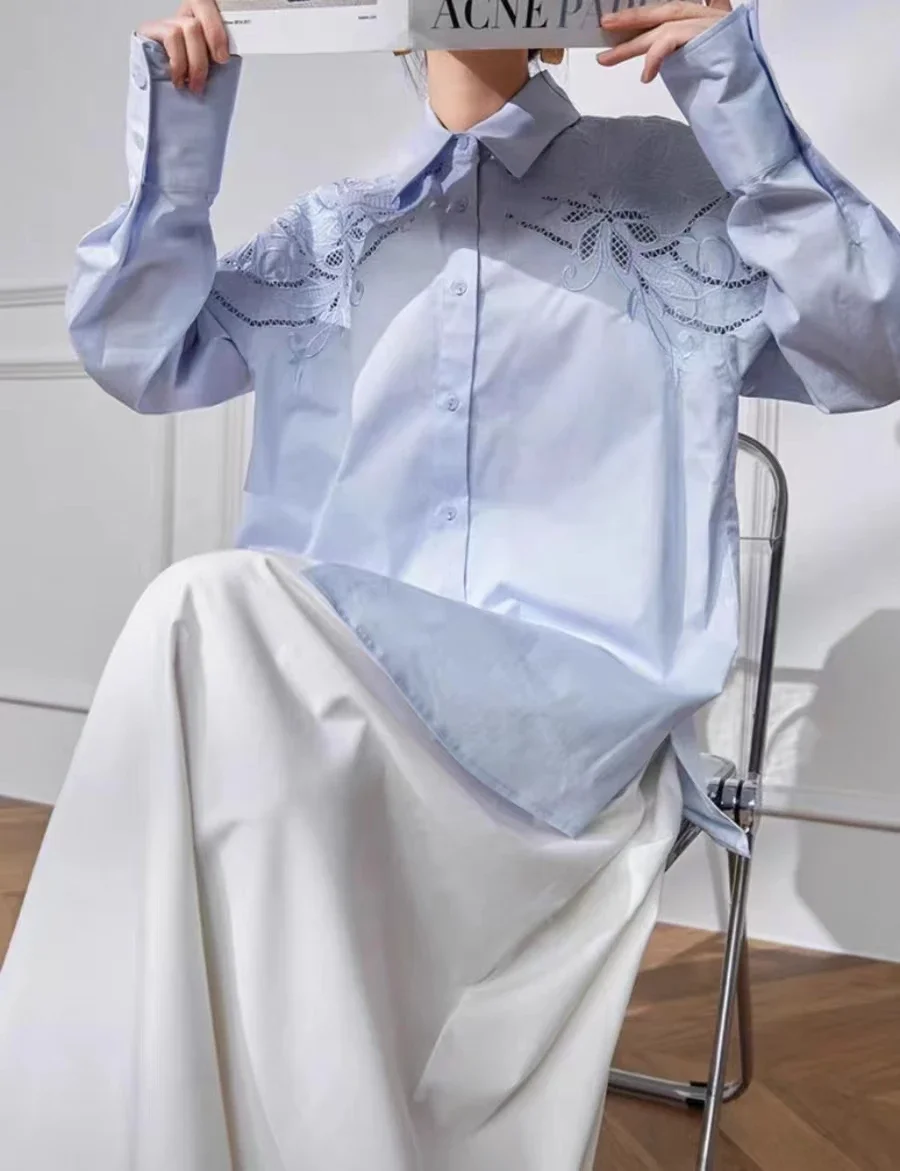 Nieuwe herfstbloem uitgehold borduurwerk katoenen shirts en blouse vrouw halflange oversized top blusas dameskleding