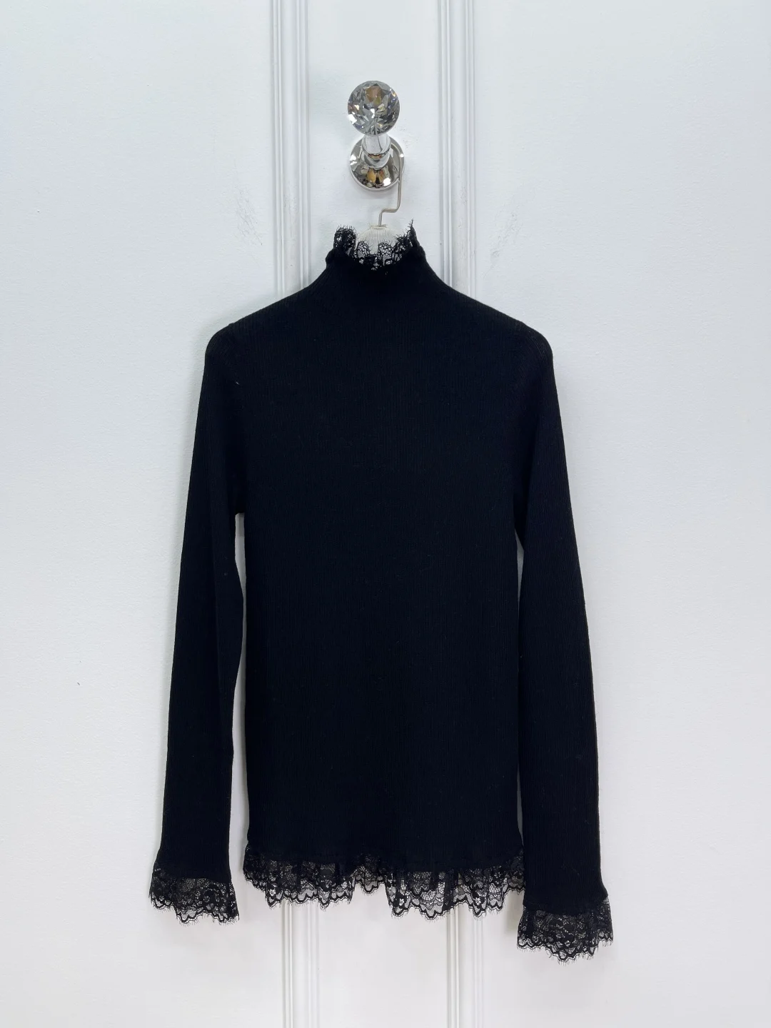 Women's Wool Cashmere Blend Sweater Lace Embroidery Half High Collar Long Sleeve Elegant Slim Knitted Pullover