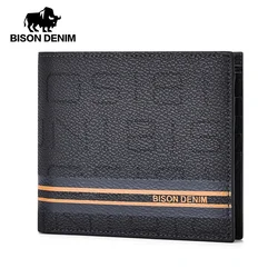 BISON DENIM Men's Short Wallets Luxury Genuine Leather Card Holder Coin Pocket High Quality Gift For Husband Father Friends