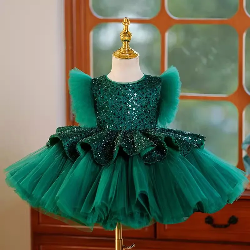 

Flower Girl Wedding Party Dresses Summer Round Neck Green Children's Princess Dress Short Gown Sequined Ball Gowns Customized