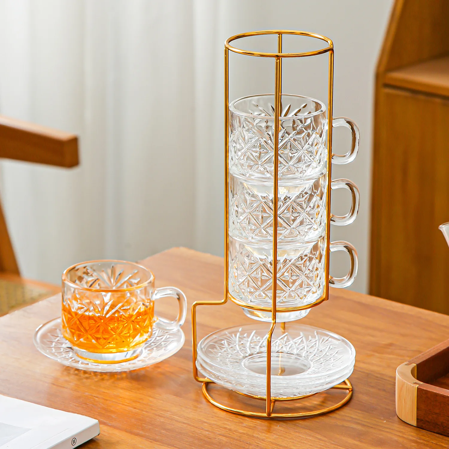 European-Style Modern Creative Glass Storage Rack Stackable Cup Holder Coffee Cup Saucer Set Solid Color Home Drinkware