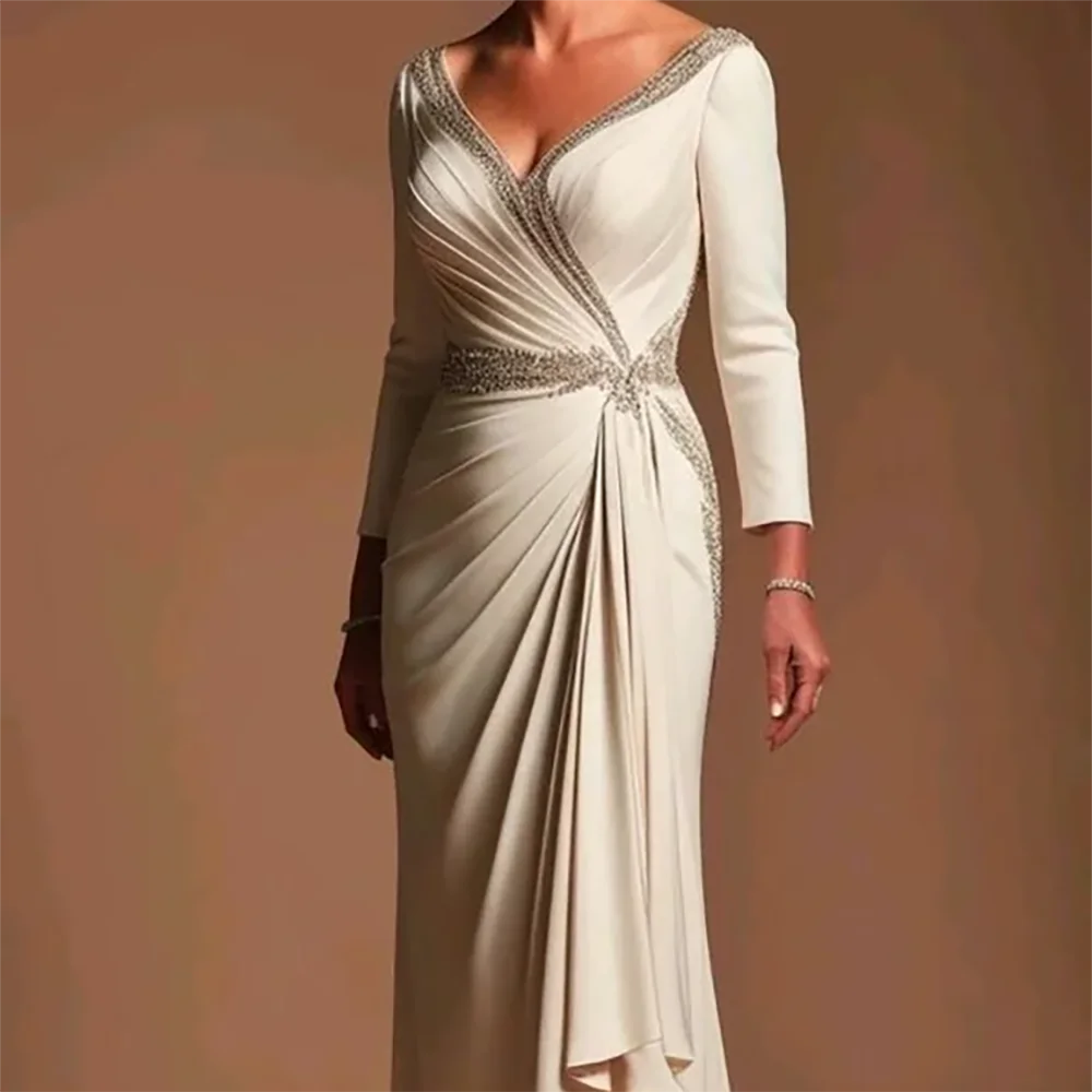 Abiti da sposa classici con scollo a V in chiffon a maniche lunghe con pieghe dritte per la madre della sposa Abiti da sposa personalizzati