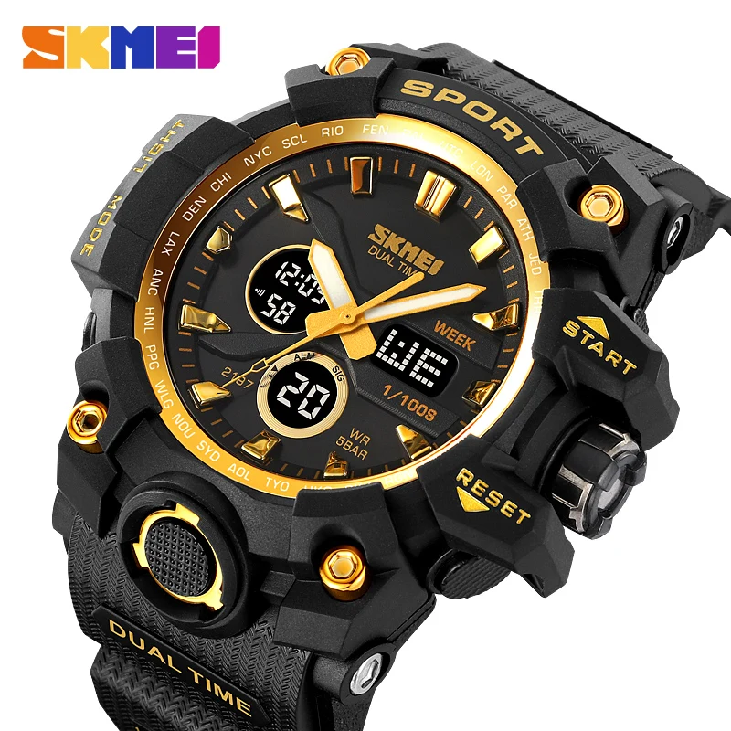 SKMEI 2 Time Men's Watche Man Electronic Sports Watches For Men Stopwatch Back Light Alarm Waterproof Quartz Clock Digital Watch