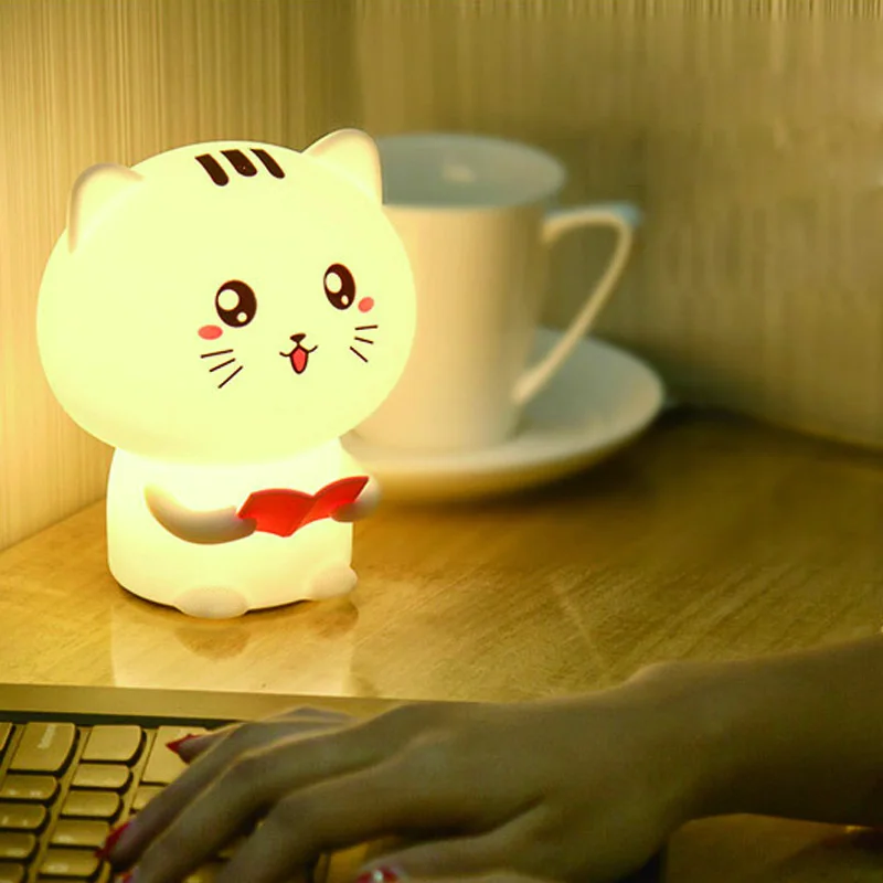 Colorful Life Cute Cat Silicone Night Light Soft Lighting Kids Bedside Lamp Bedroom Decoration Holiday Gift