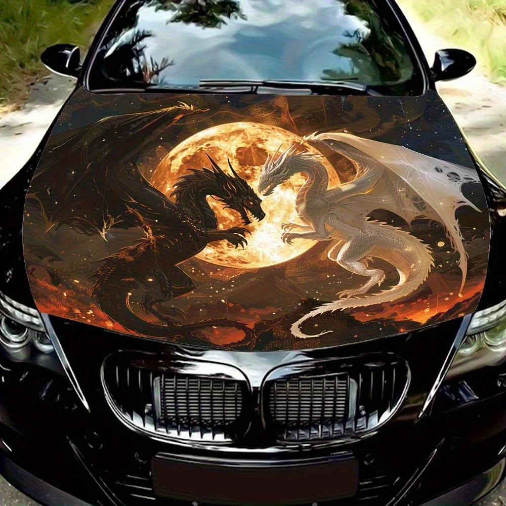 

Black Dragon And White Dragon Under The Red Moon Car Hood Decal Sticker, Durable Car Vinyl Wraps Suitable For Most Vehicles, Car