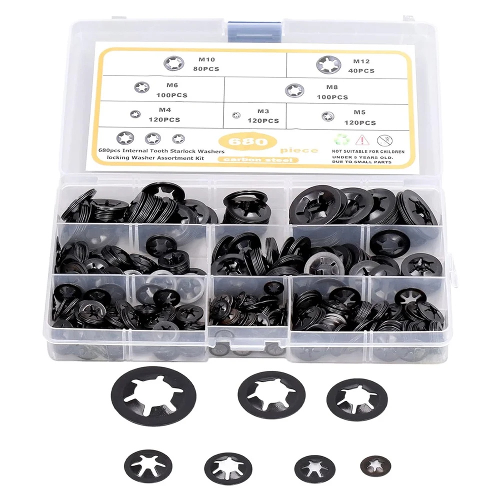 

680Pcs Carbon Steel Flat Locking Internal Tooth Starlock Washers Push On Locking Washers Assortment Kit with Storage Box