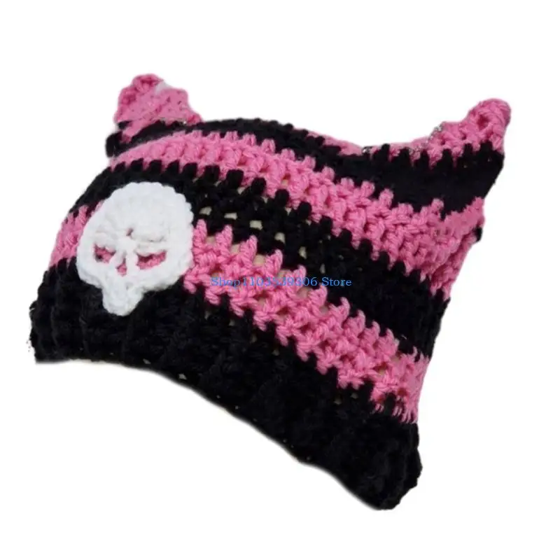 400A Female Handwoven Hat Winter Warm Knit Hat Teen Girls Cycling Hat Devil Horn Cap