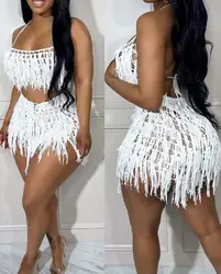 Sexy Womens Two Piece Sets Outfit Spaghetti Strap Crop Crochet Top & Tassel Design Shorts Set Nova Moda 2023 Verão Casual