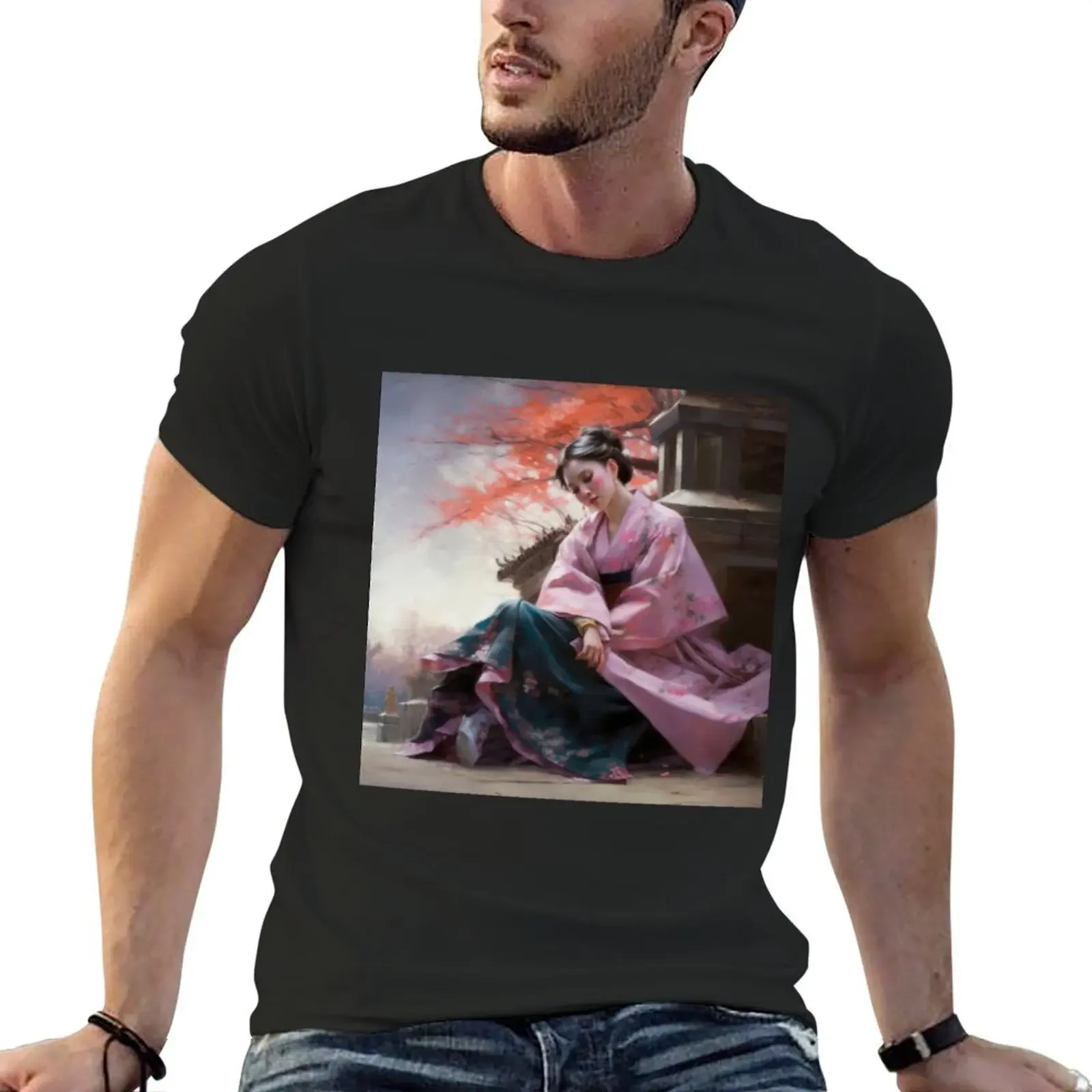

A stunning asian lady enjoying nature under a Japanese Maple tree T-Shirt anime stuff customs T-shirts for men cotton