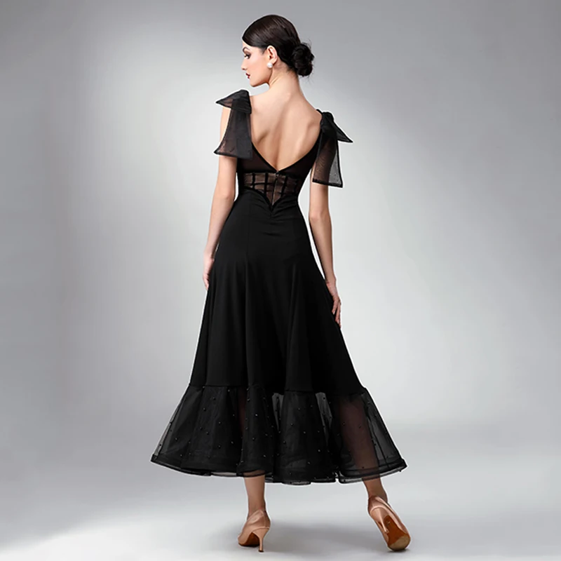 Zomer Ballroom Jurk Standaard Dans Kostuum V-hals Mesh Mouwloze Lange Jurken Vrouwen Baljurken Wals Competitie Outfit 2049