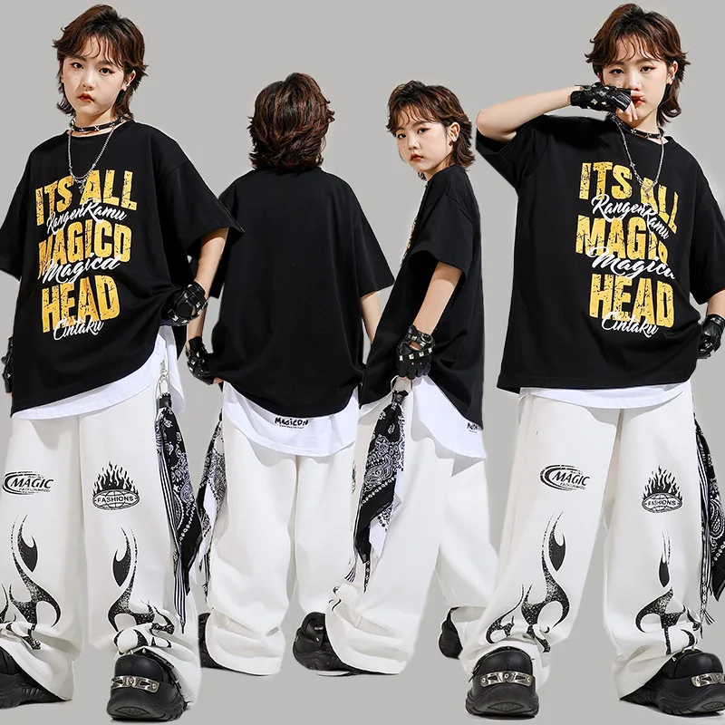 

Kid Kpop Hip Hop Clothing Black Letter T Shirt White Casual Flame Wide Sport Sweat Pants for Girl Boy Jazz Dance Costume Clothes