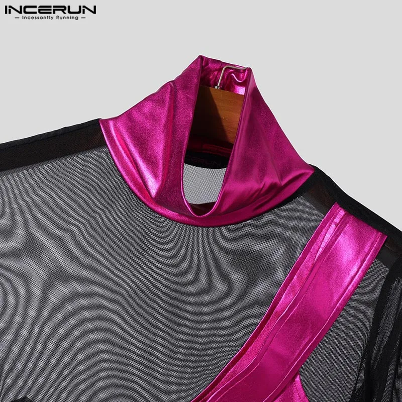 See-Through INCERUN Streetwear PU Leather Patchwork Summer Spring Men T-Shirts Mesh T Shirt Tops Sexy Tee Men's Clothing Blouse