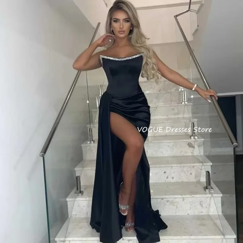 

Black Boat Neck Formal Evening Dresses Satin Floor-Length Sexy Mermaid Dubai Arab 2024 Side Split Beading Custom Prom Gowns