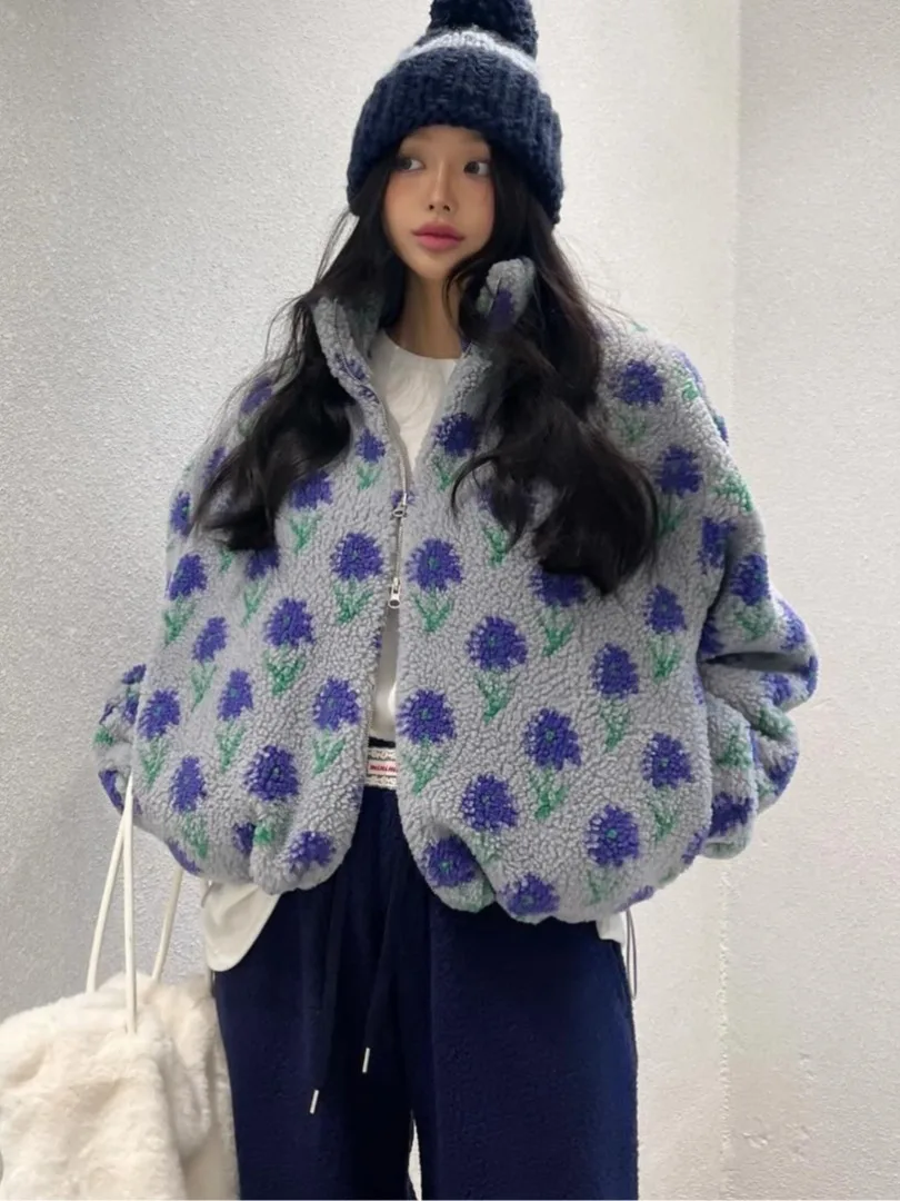 أنيقة الخريف الشتاء ort الأزهار منقوشة خمر تصميم الشعور أناقة المرأة Jaet Faionable ملابس خارجية للسيدات #4