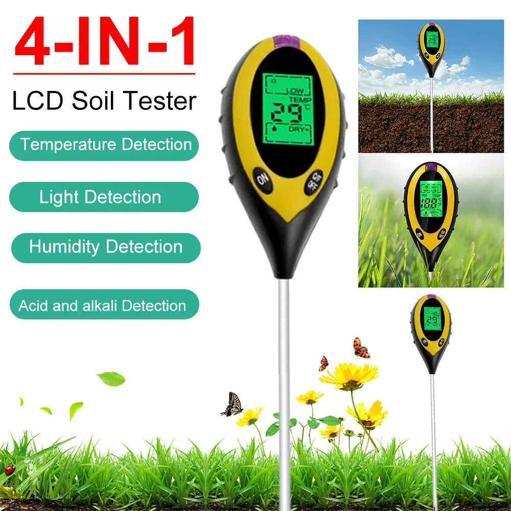 Professional Soil PH Meter 4 In1 LCD Temperature Humidity Sunlight Intensity PH Moisture Meter Garden Soil Tester for Plant Care