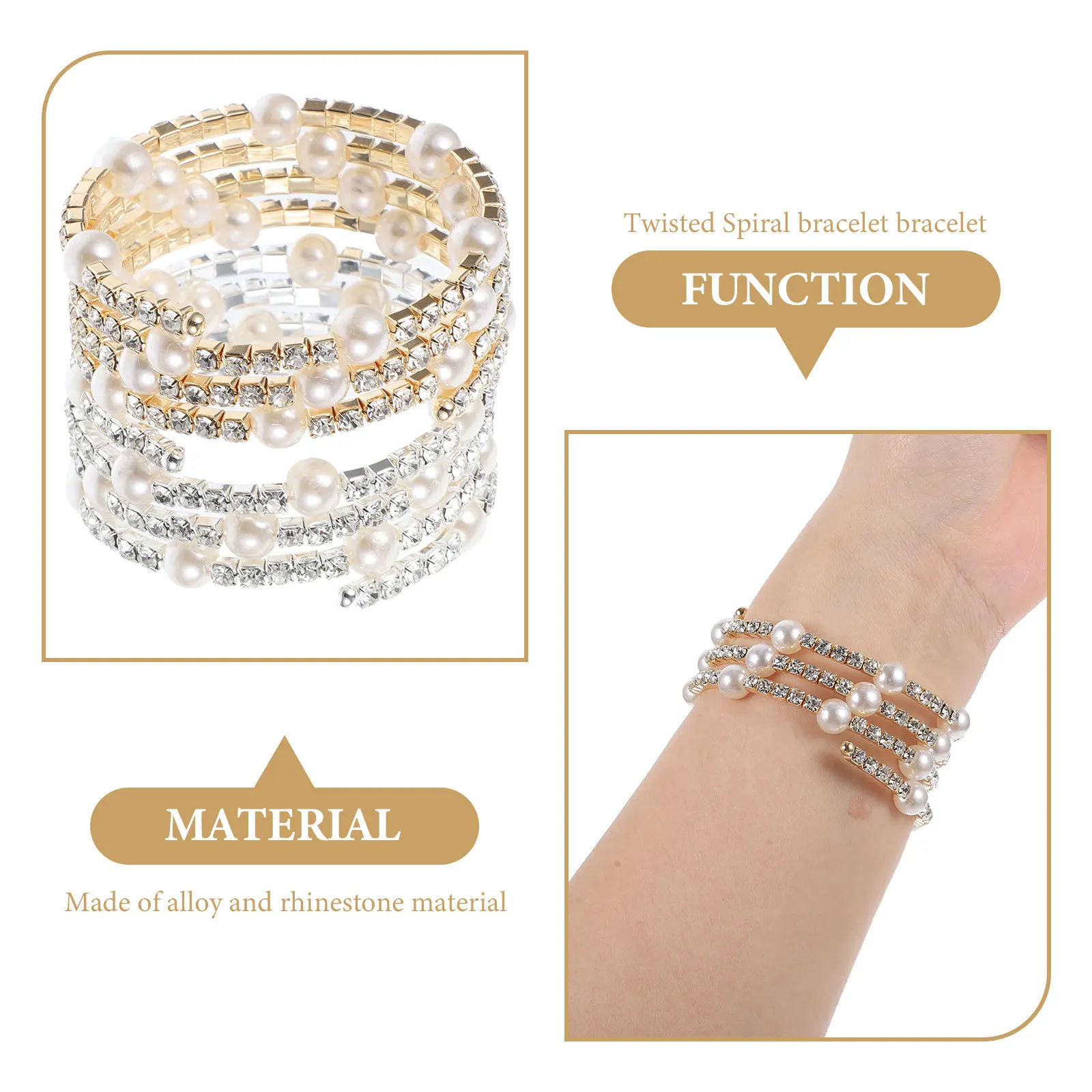 

4Pcs Spiral Rhinestone Bracelets Aesthetic Wrist Jewelry Fashionable Metal Pearl Women Girls Bangle Adjustable For Birthday