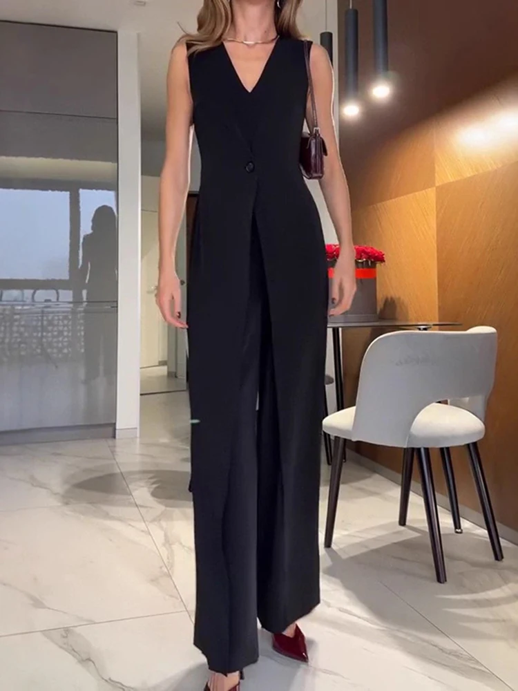 

Women Fashion Hight Waist Irregular Office Jumpsuit Casual Solid Straight Playsuit Overall Elegant V-neck Sleeveless Long Romper