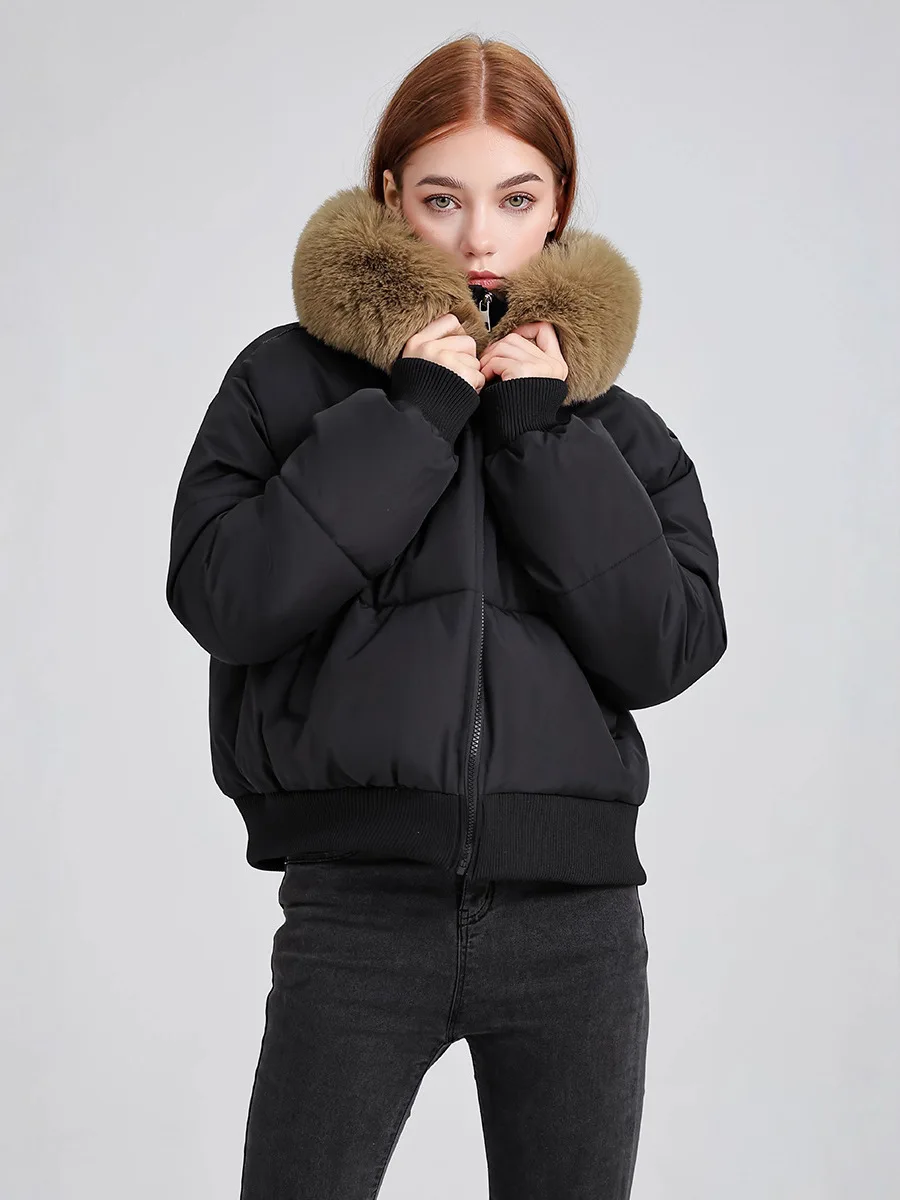 

Winter Quilted Coat Women Warm Cotton-padded Cropped Jacket Fashion 2025 Casual Bread Jacket with Fur Zipper Pocket Outerwear