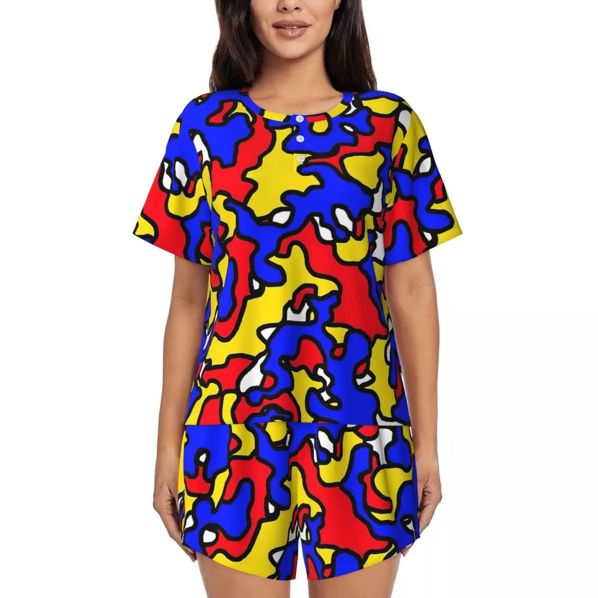 

Mondrian Camouflage Print Pajamas Female Retro Nightwear Daily Short-Sleeve 2 Pieces Bedroom O Neck Graphic Pajamas Set
