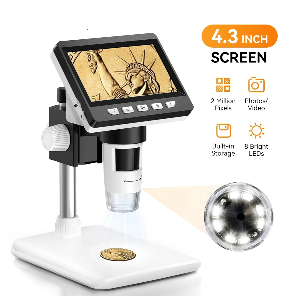 

4.3'' HD 1080P Microscope USB 1000X Digital Microscope With 8 LEDs Repair Soldering Microscope Coin Magnifier Compatible PC Wind