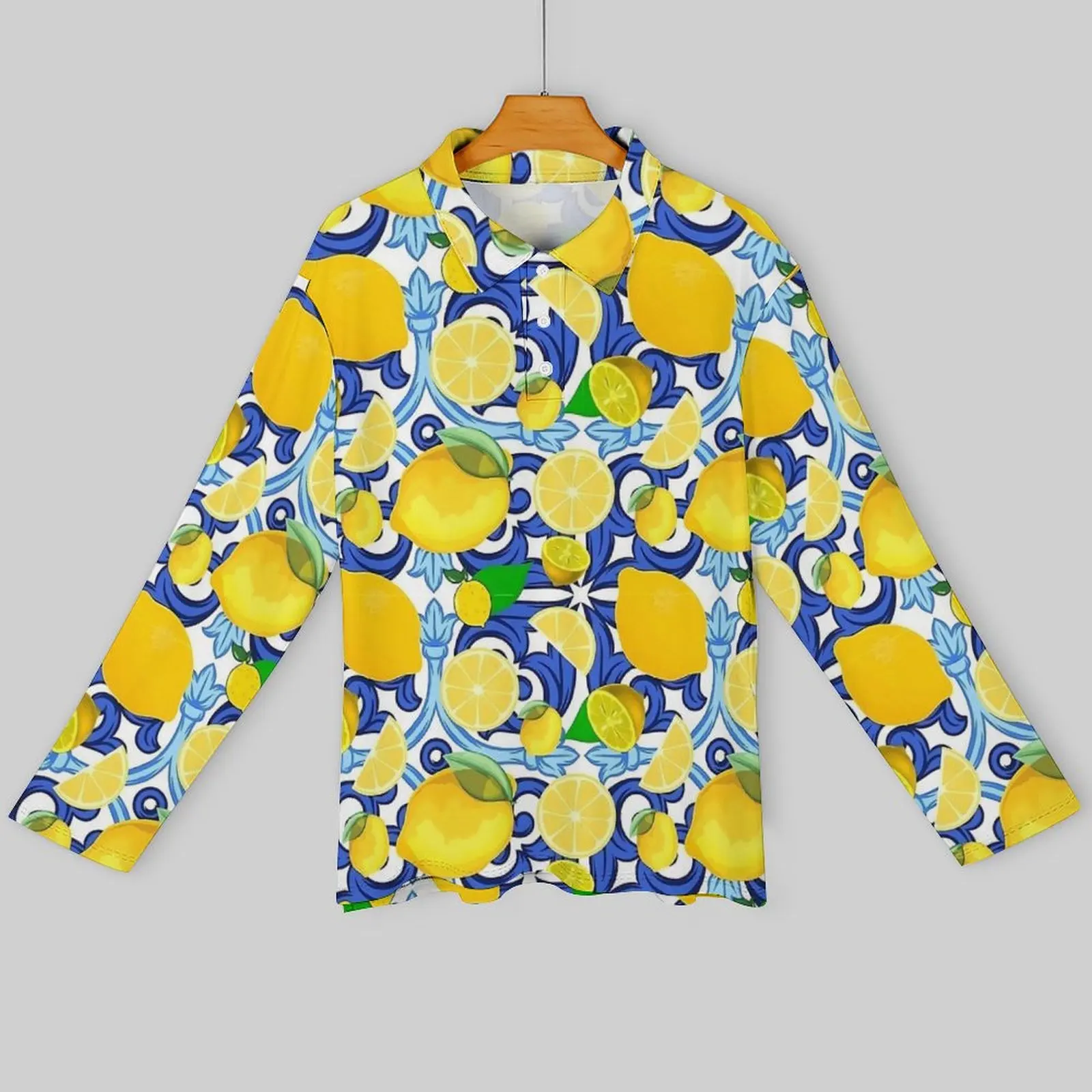 Yellow Lemon Polo Shirts Autumn Blue And White Tile Casual Shirt Long Sleeve Turn-Down Collar Y2K Graphic Oversize T-Shirts