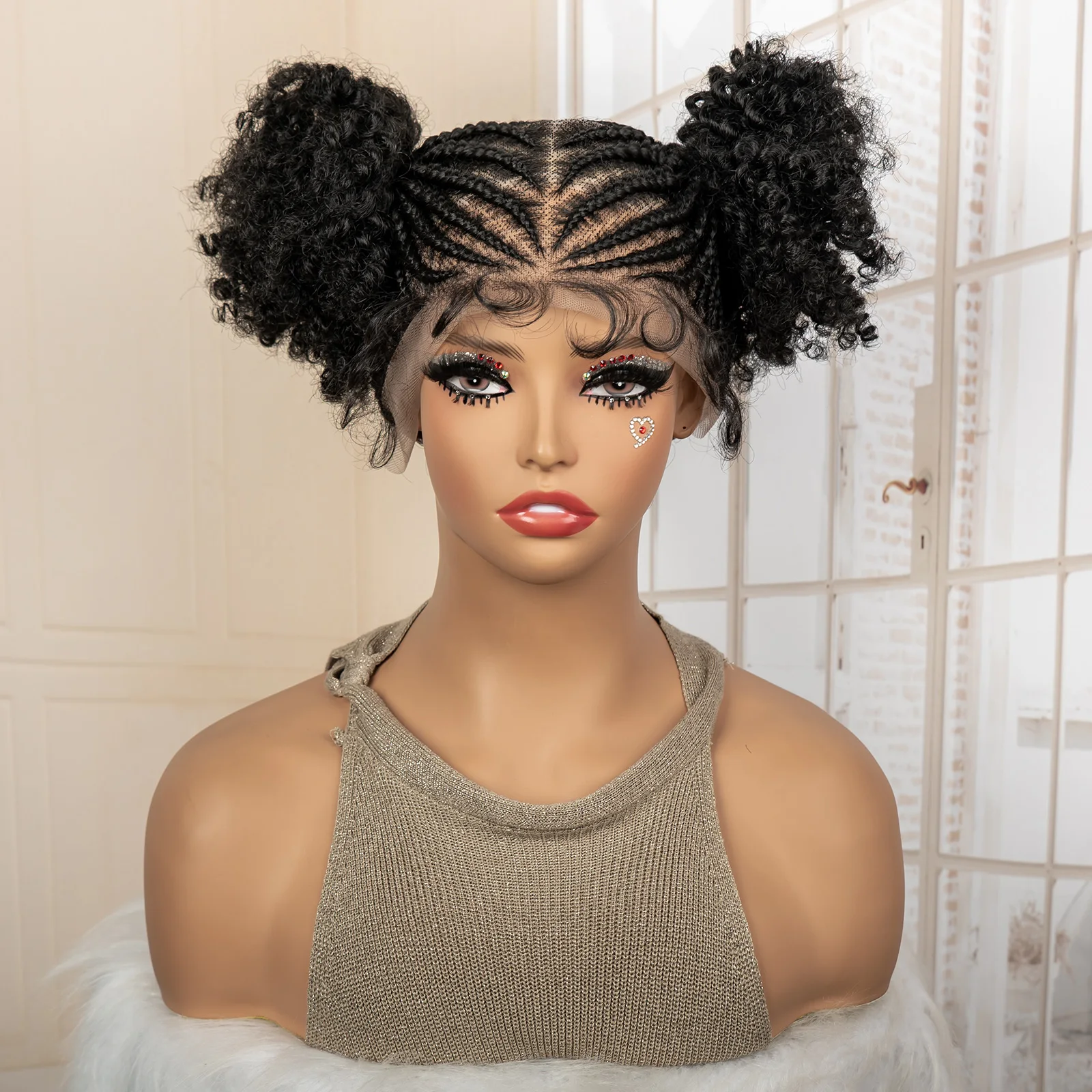 Twin Buns Synthetic Braided Wigs for Black Women Full Lace Cornrow Braids Wig Short Afro Curly Double Space Buns Knotless Wig