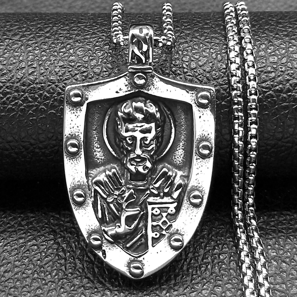 Vintage Saint Nicholas Schild Anhänger Halskette für Frauen Männer Edelstahl Silber Farbe Christian Amulett Schmuck Geschenk