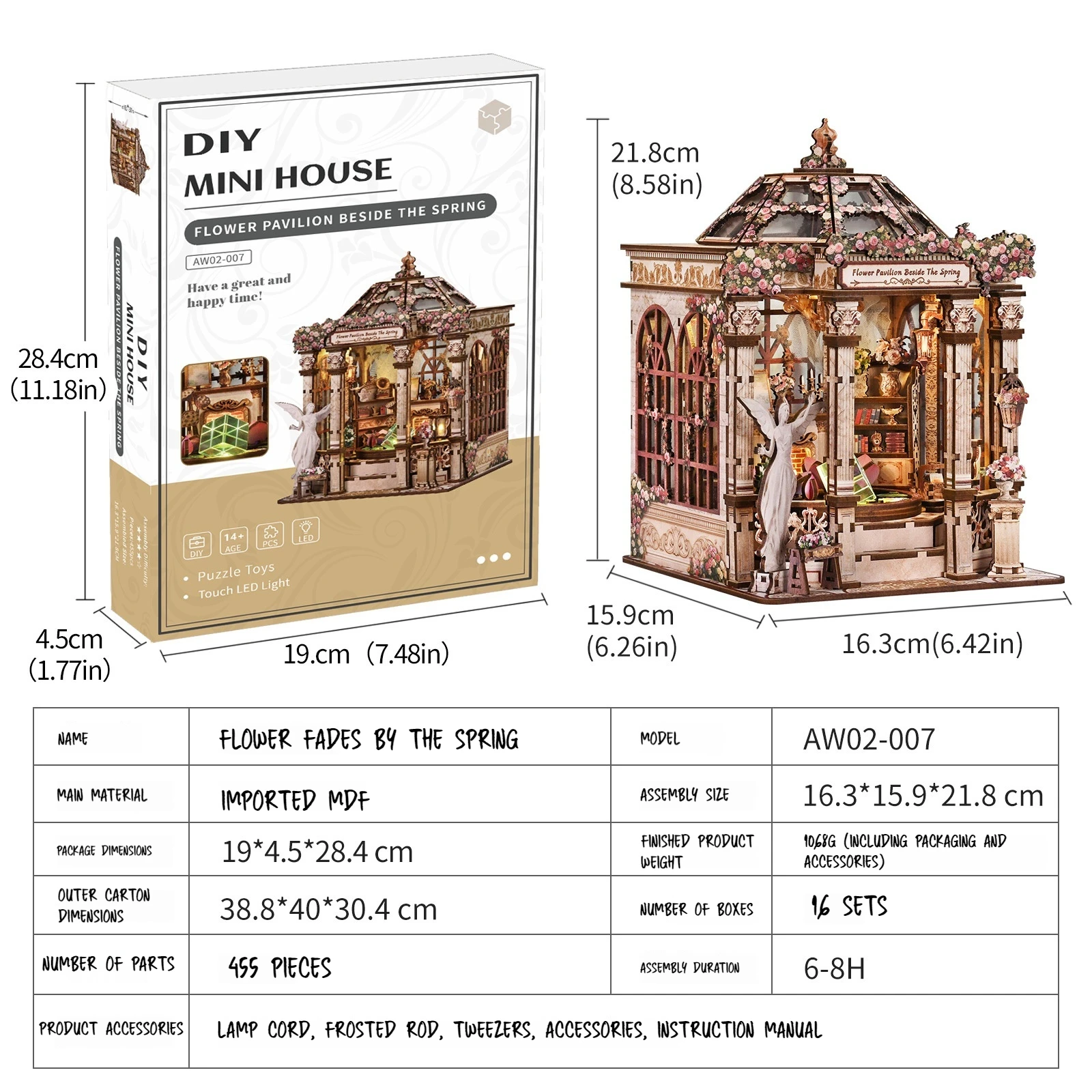 DIY Dollhouse Wooden Building Model Flower Pavilion Beside The Spring Crystal Fountain Room Book Nook Hand Assembled Craft Gift