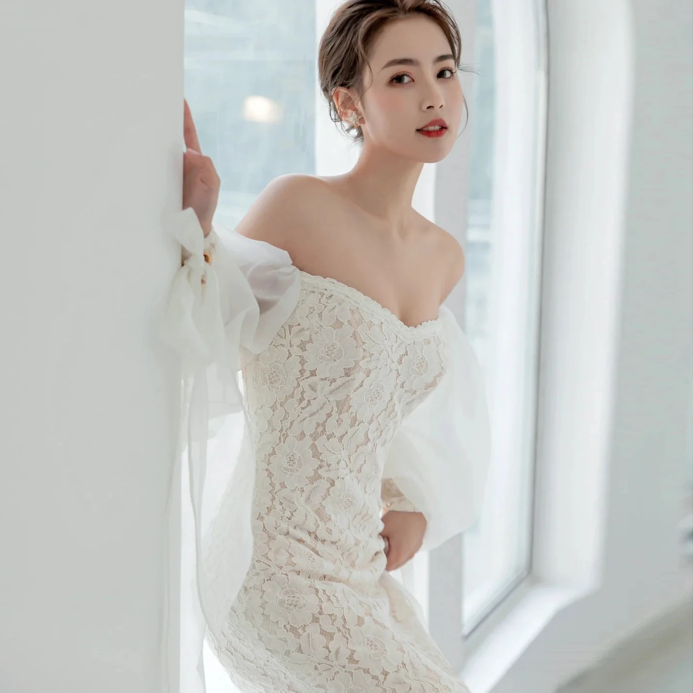 Nuovo Design abito da sposa in pizzo senza spalline con spalle scoperte maniche a sbuffo abiti da sposa senza schienale a sirena Vestidos De Mairee Mariage