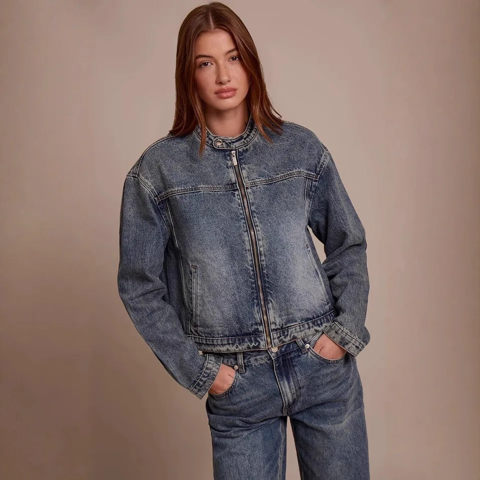 

2026 Spring New Vintage Patchwork Check Cuff Short Denim Jacket Loose Casual Women Top Fashion Brown Blue