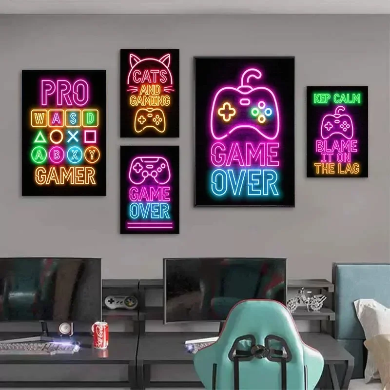 Canvas Painting Neon Art Happy Gaming Zone Games Room Poster Print Gamer Office Wall Art for Boy Bedroom Bar Home Decor No LE