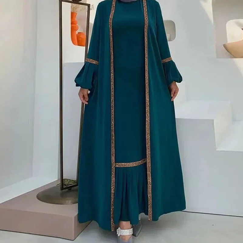 Eid Moslim Abaya Vrouwen Jurk 2-delige Set Gebed Marokko Caftan Ruche Abaya Toga Dubai Arabische Kimono Vest Gewaad Uitloper