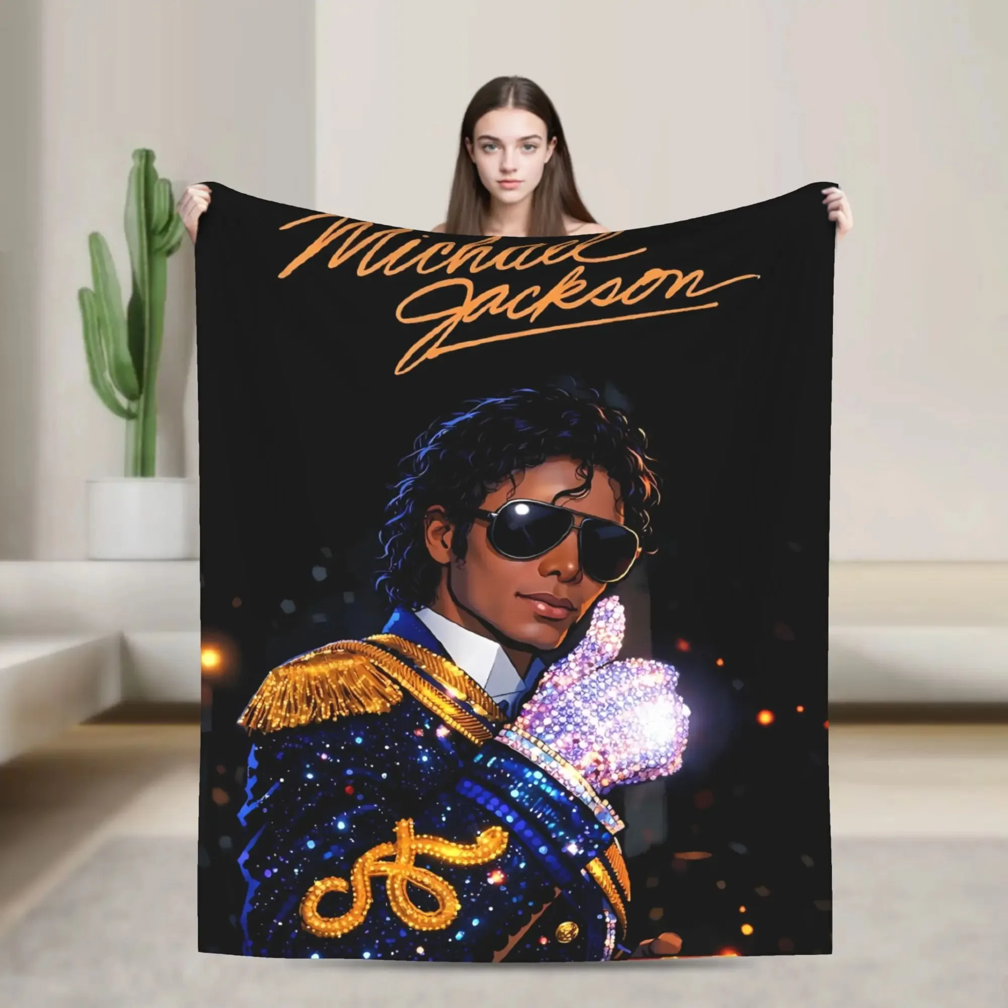 Michael Jackson Pop Star Portrait Print Throw Blanket, Sparkly Rhinestone Glove Golden Signature Black Background Soft Flannel C