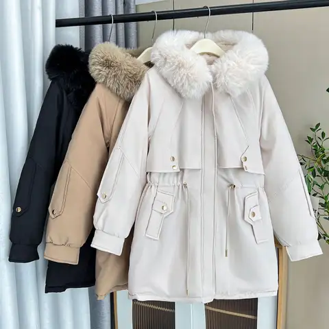 Abrigo de invierno de talla grande para mujer, chaqueta con capucha que se pega en la cintura, abrigo acolchado de algodón de longitud media para hermana de 200 libras 5358