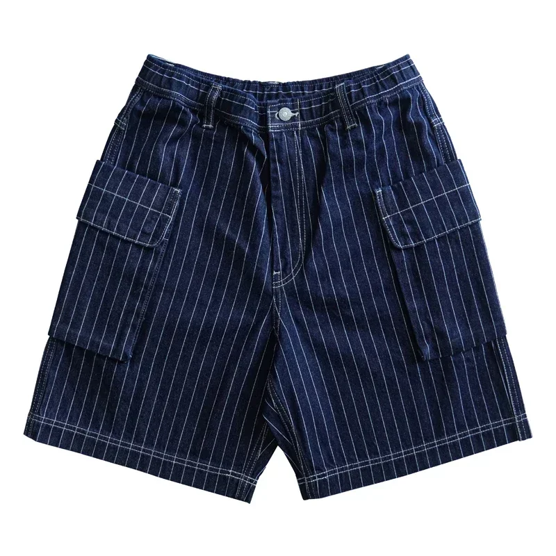 

Sauce Zhan Mens Short Summer Cargo Shorts Men Stripe Denim Short Multiple Packets Vintage Knee Length Loose shorts Fit