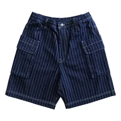Sauce Zhan  Mens Short Summer Cargo Shorts Men Stripe Denim Short Multiple Packets Vintage Knee Length Loose shorts Fit