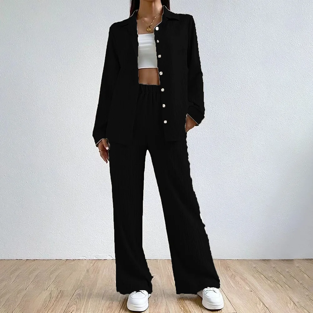 Holiday Loose Straight Leg Pants Casual Women Clothing Brand New Button-down Shirt Lapel Neckline Polyester Fabric