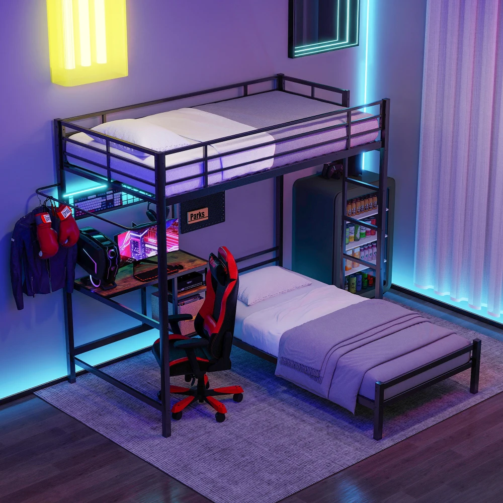 Bunk Bed Twin Over Twin Size with Desk Station L-Shaped Metal Bunk Bed Storage Shelves Drawers Loft Beds with Safety Guardrail
