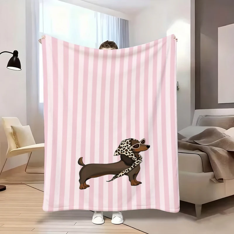 Pink White Vertical Stripe Leopard Headscarf Dachshund Flannel Blanket For Chic Bedroom Decor Soft Warm Throw Blanket Gift